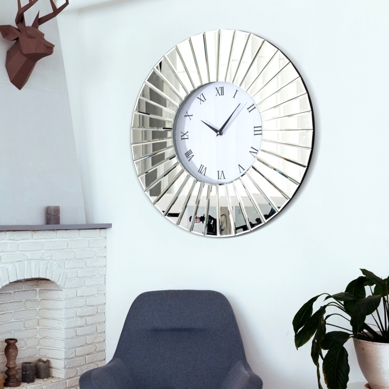 Wall Clock Mirrored Rays Sunburst Roman Numeral Contemporary Glam