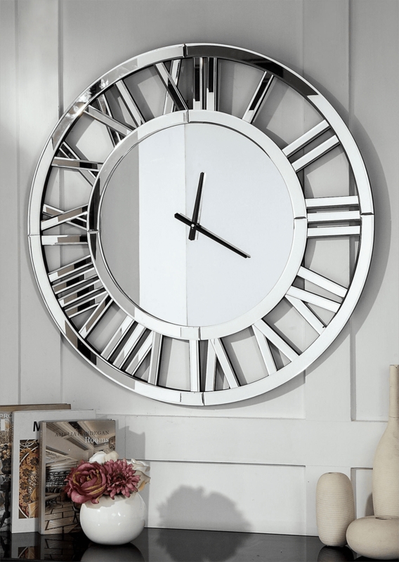Wall Clock Mirrored Roman Numerals Skeleton Frame Reflective Glam