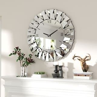 Wall Clock Mirrored Sunburst Beveled Glass Slats Roman Numeral Glam