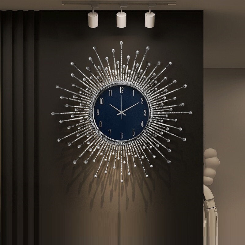 Wall Clock Navy Blue Dial Sunburst Rays Crystal Tips Silver Glam