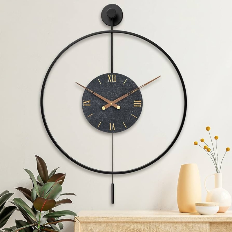 Wall Clock Open Circular Frame Stone Textured Dial Pendulum