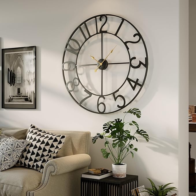 Wall Clock Open Frame Oversized Numerals Gold Tone Hands Large