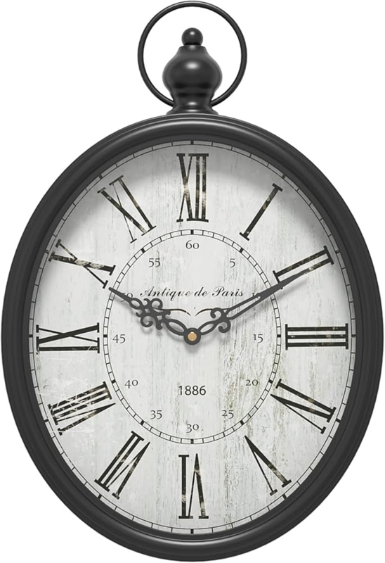 Wall Clock Oval Pocket Watch Fob, Matte Black, Distressed Face
