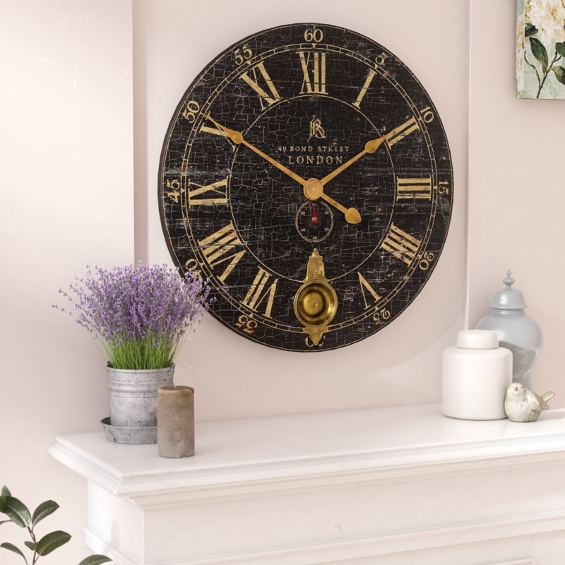 Wall Clock Oversized Antique, Crackle Finish, Pendulum Element, Black