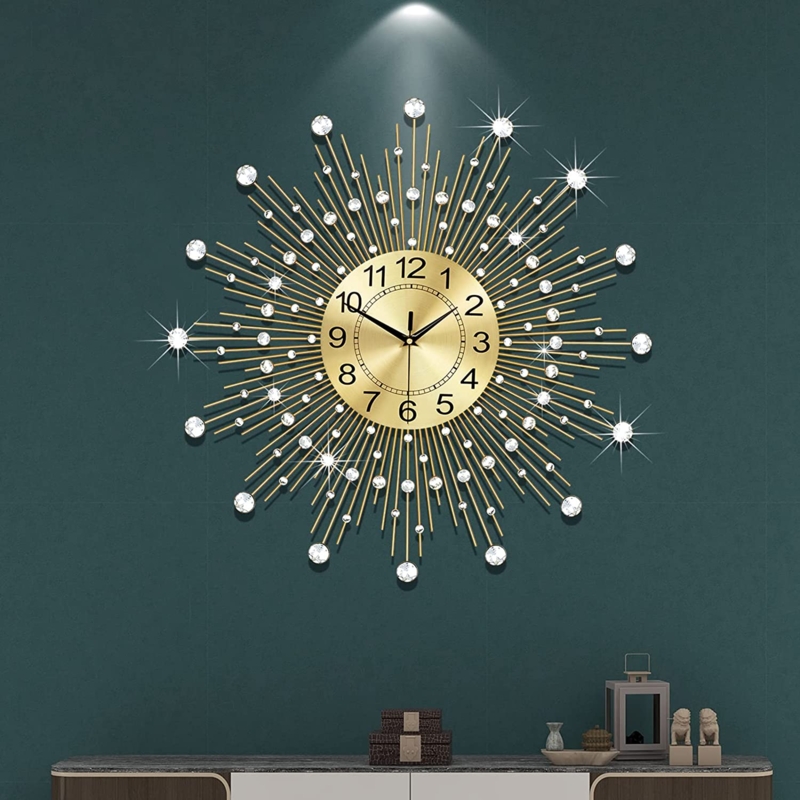 Wall Clock Polished Metallic Sunburst Design Jeweled Spokes Luxe