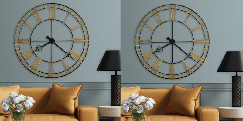 Wall Clock Skeletal Frame Metallic Roman Numerals Open Back Decor