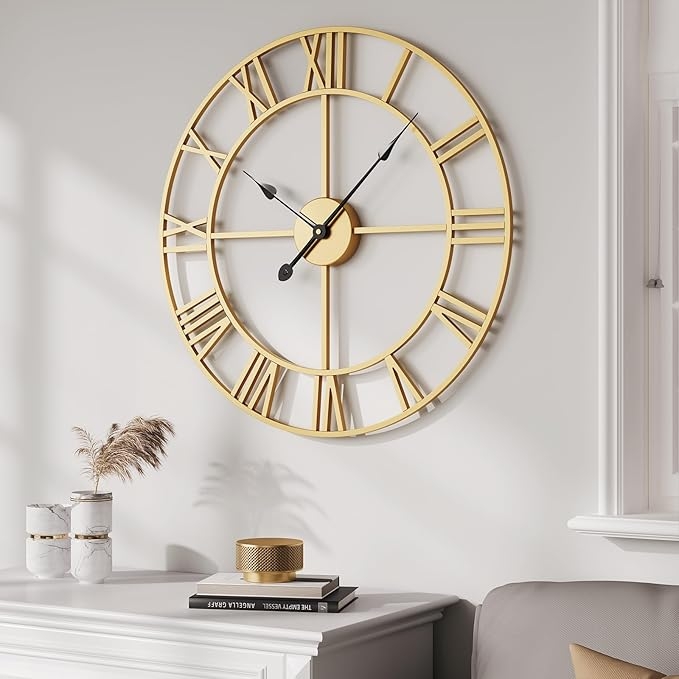 Wall Clock Skeleton Dial Roman Numerals Brushed Gold Large
