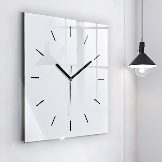 Wall Clock Square White Glass Frameless Scandi Style Line Indices