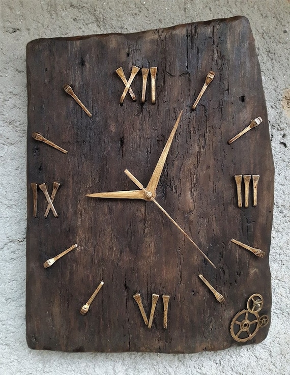 Wall Clock Steampunk Wood Slab, Exposed Gears, Brass, Weathered