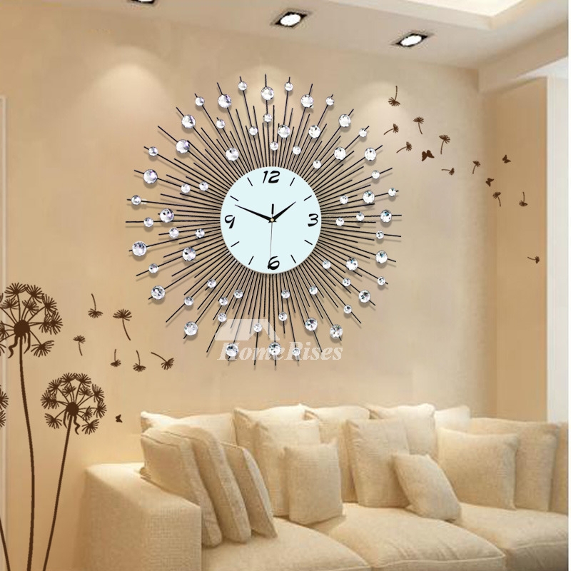 Wall Clock Sunburst Design Crystal Beads Matte Black Metal