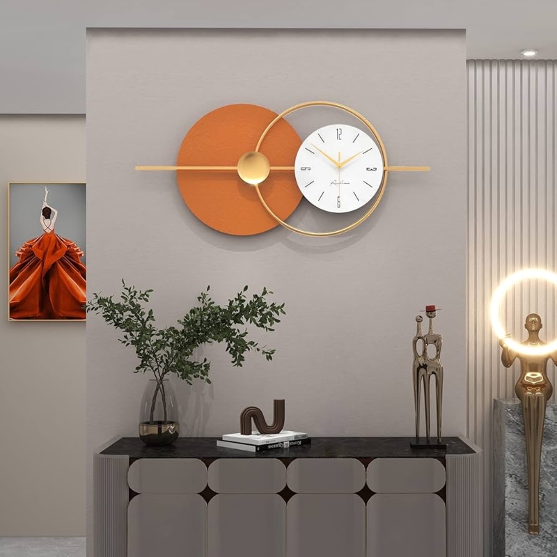 Wall Clock Terracotta Orange Disc Horizontal Gold Accents
