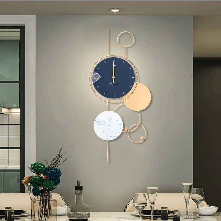 Wall Clock Vertical Asymmetric Design Navy Gold Blue Marble