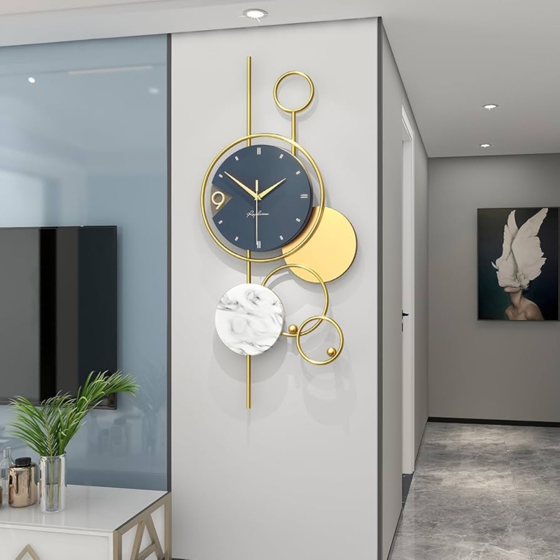 Wall Clock Vertical Frame Geometric Rings Marble Disk Gold Luxury