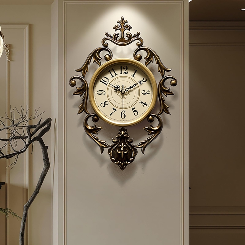 Wall Clock Victorian Ornate Scrollwork, Antique Gold, Fleur-de-lis