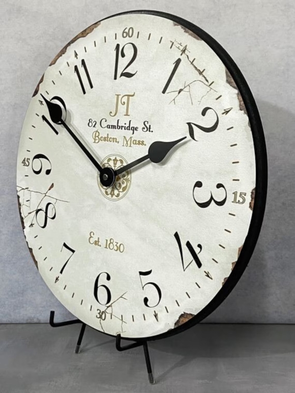 Wall Clock Vintage Boston Typography, Distressed Off-White, Spade Hands