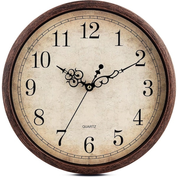 Wall Clock Vintage Brown Walnut Frame, Crackled Face, Ornate Hands