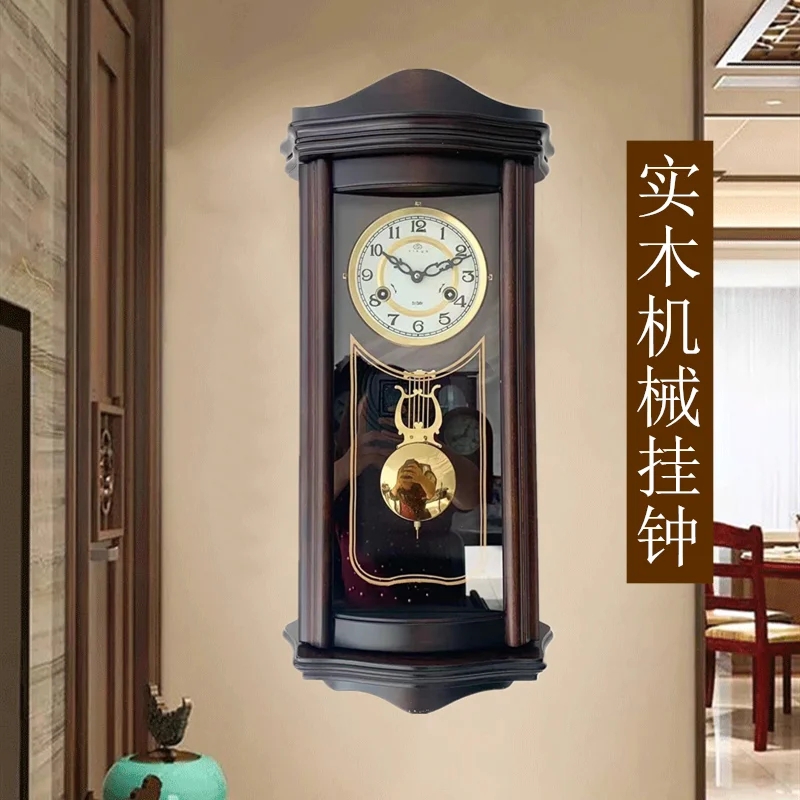 Wall Clock Vintage European, Walnut Brown, Lyre Pendulum, Curved Glass