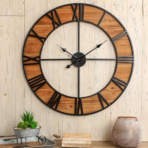 Wall Clock Wood Metal Mix Open Frame Farmhouse