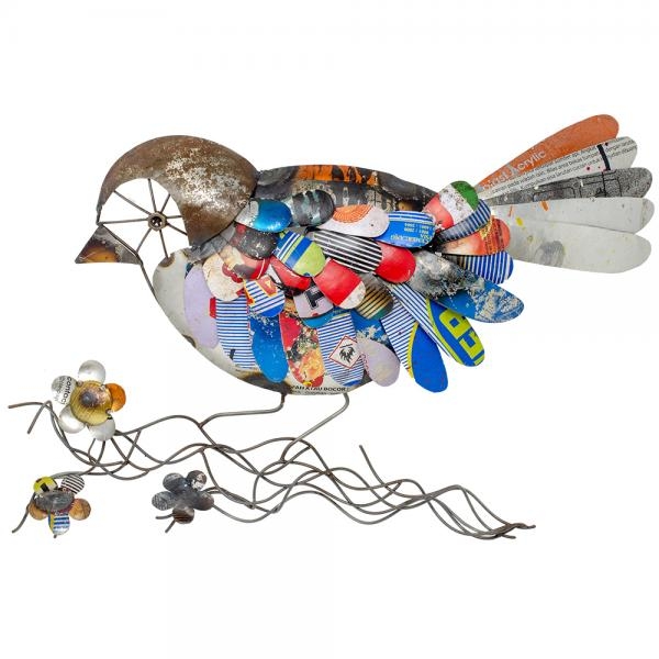 Wall Decor: Eclectic Bird Sculpture with Reclaimed Metal Feathers