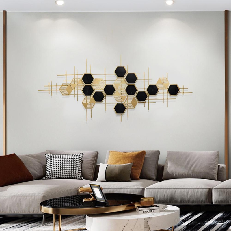 Wall Decor Hexagonal Shape Gold Black Geometric Grid Linear Accents