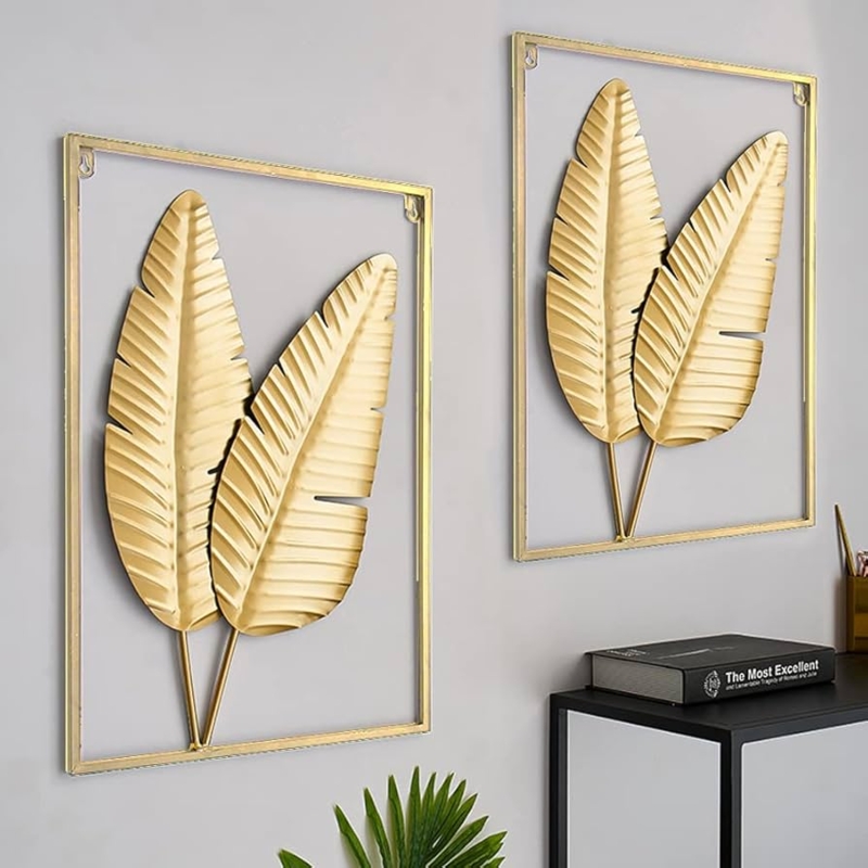 Wall Decor Set: Gold Framed Leaf Sculptures with Ribbed Texture