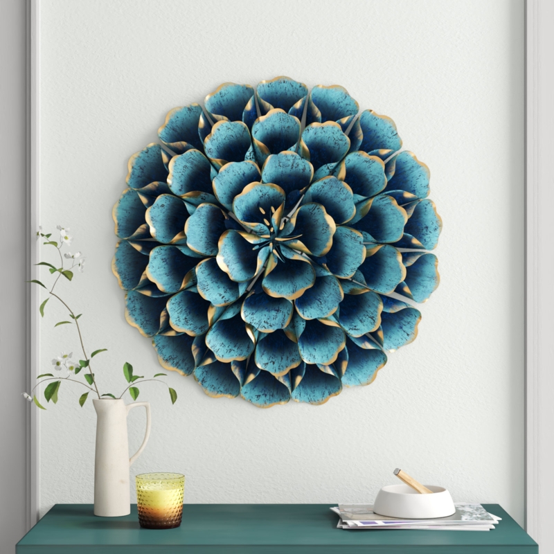 Wall Decor Teal Petals Gold Trim Dimensional Floral