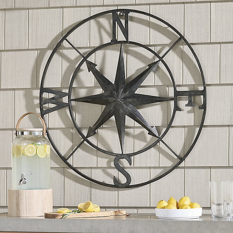 Wall Decor Weathered Charcoal Metal Compass Rose Open Frame Art