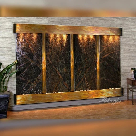 Wall Fountain with Four-Panel Design and Patinated Metal Frame