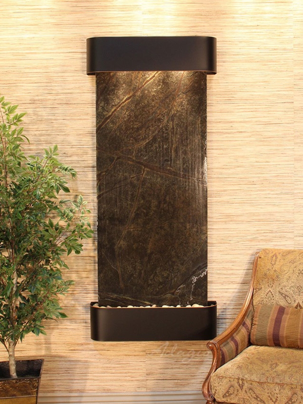 Wall Fountain with Veined Stone Panel and Matte Black Basins