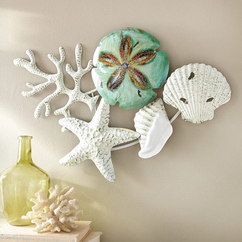 Wall Hanging Mixed Oceanic Motifs Weathered White Finish Sculptural Metal