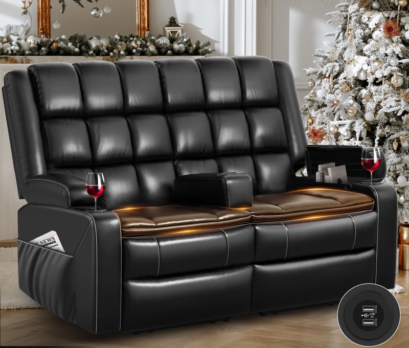 Wall Hugger Reclining Loveseat Black with Integrated Lighting & USB