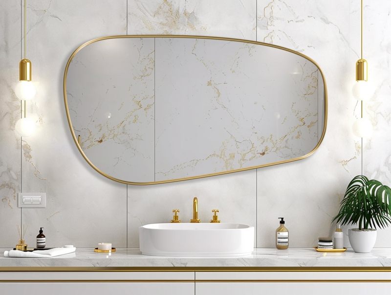 Wall Mirror Asymmetrical Gold Thin Frame Organic Curves Mid Century