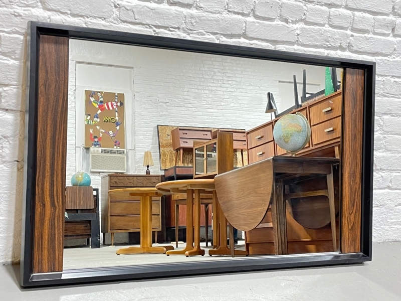 Wall Mirror Ebonized Black Frame Rosewood Insets Wide Horizontal
