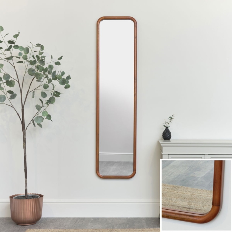 Wall Mirror Pill Shaped Walnut Brown Vertical Mount Slim Profile