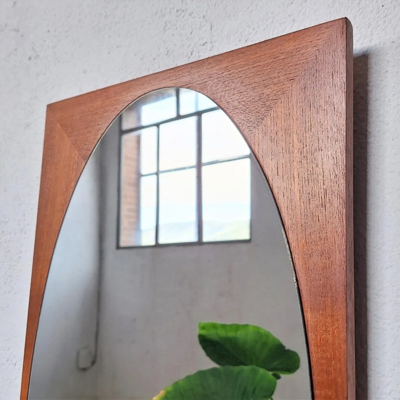 Wall Mirror Rectangular Frame Arched Inner Cutout Warm Wood Grain