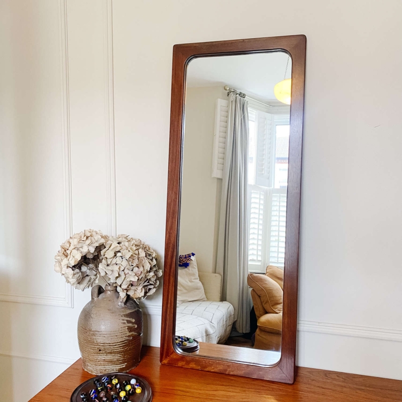 Wall Mirror Rounded Corners Wood Toned Slim Frame Propped Display