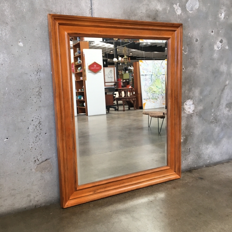 Wall Mirror Stepped Wood Frame Honey Brown Beveled Glass