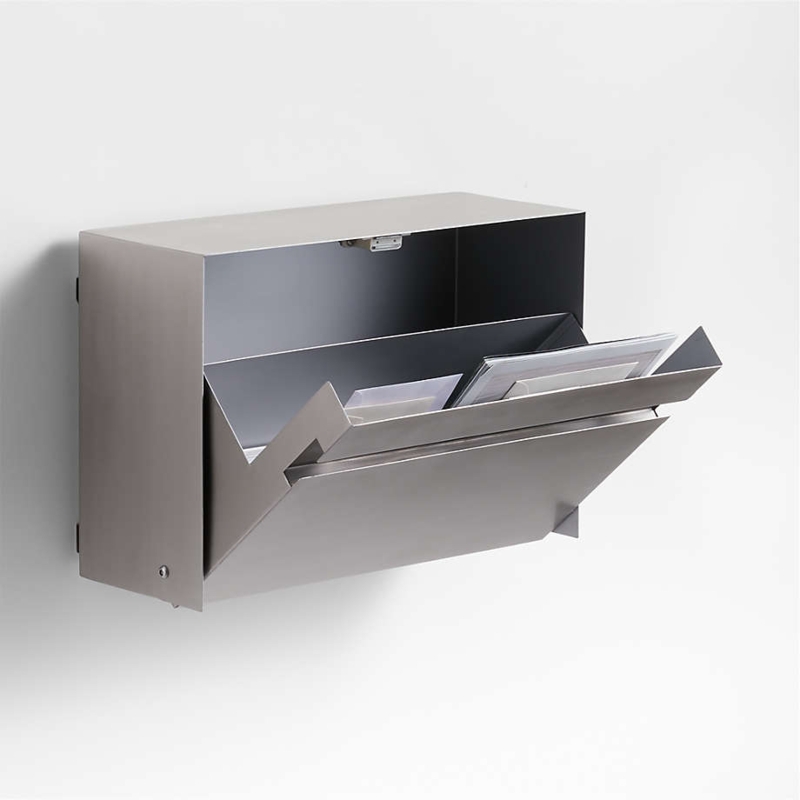 Wall Mount Mailbox: Brushed Nickel Finish with Tilt Out Bin Design.