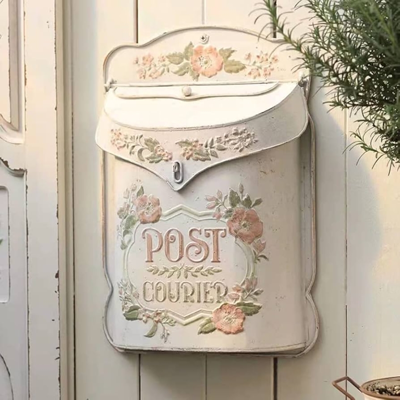 Wall Mount Mailbox Floral Relief Embossed Text Shabby Chic Cream