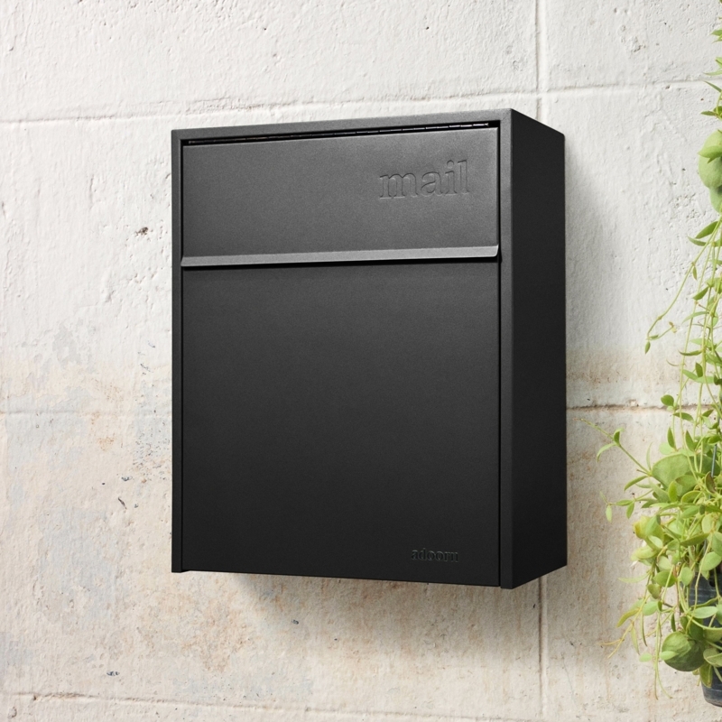 Wall Mount Mailbox: Large Matte Black with Embossed Mail Lettering.