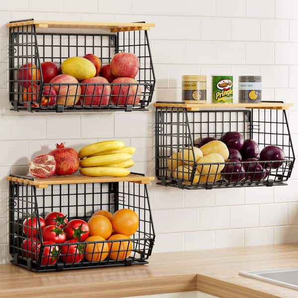 Wall Mounted Basket Grid Wire Frame Wood Shelf Top Open Access