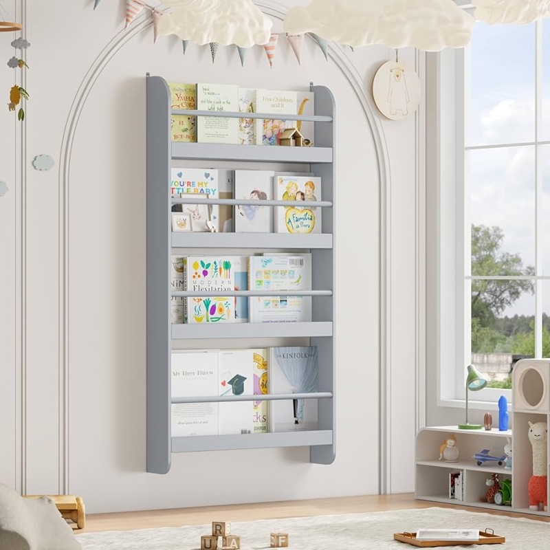 Wall Mounted Bookshelf Curved Sides, Soft Grey, 4-Tier Safety Rails