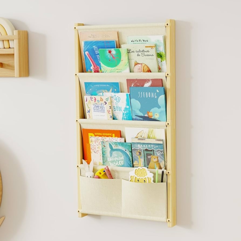 Wall Mounted Bookshelf Fabric Pockets, Light Wood, Canvas Sling Organizer