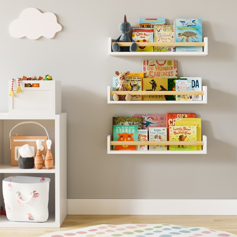 Wall Mounted Bookshelf, Wood Toned Accent, Safety Rail, Floating Design