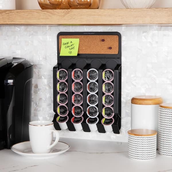 Wall Mounted Coffee Pod Organizer with Integrated Corkboard Black