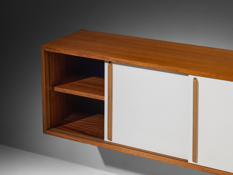 Wall Mounted Credenza Walnut Vertical Wood Pulls White Sliding Doors
