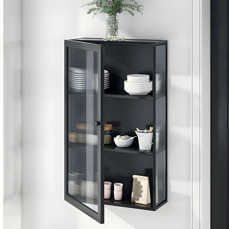 Wall Mounted Curio Matte Black Metal Fluted Glass Slim Profile
