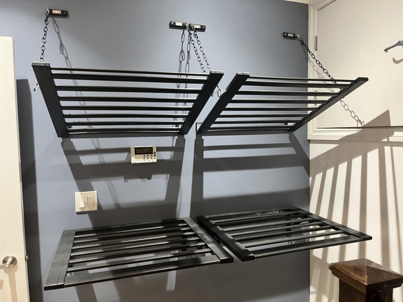 Wall Mounted Drying Rack: Industrial Matte Black Slatted, Chain Supported.