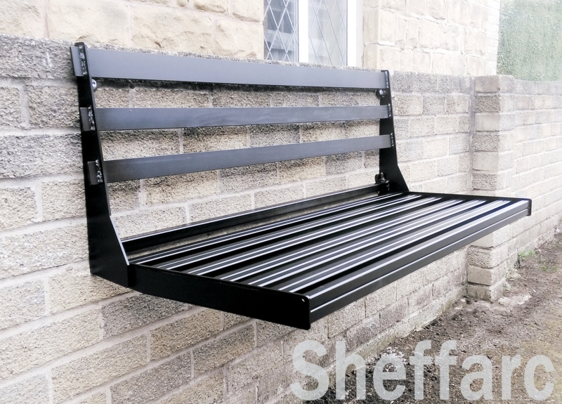 Wall Mounted Folding Bench Matte Black Metal Slatted Seat Latch