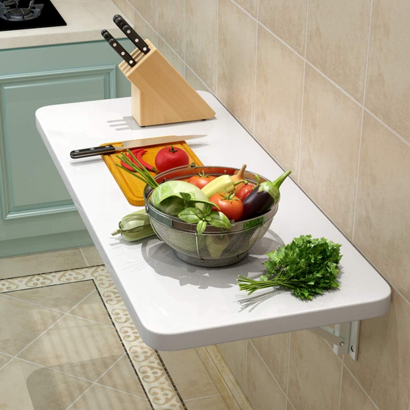 Wall Mounted Folding Table White Rounded Corners Small Kitchen Workstation